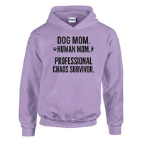 Load image into Gallery viewer, Lavendar hoodie with text Dom Mom. Human Mom. Professional Chaos Survivor
