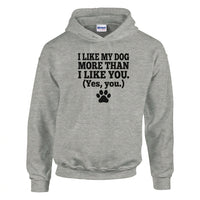 Load image into Gallery viewer, Grey Hoodie with text "I Like My Dog More Than I Like You. (Yes, you.) with dog paw print